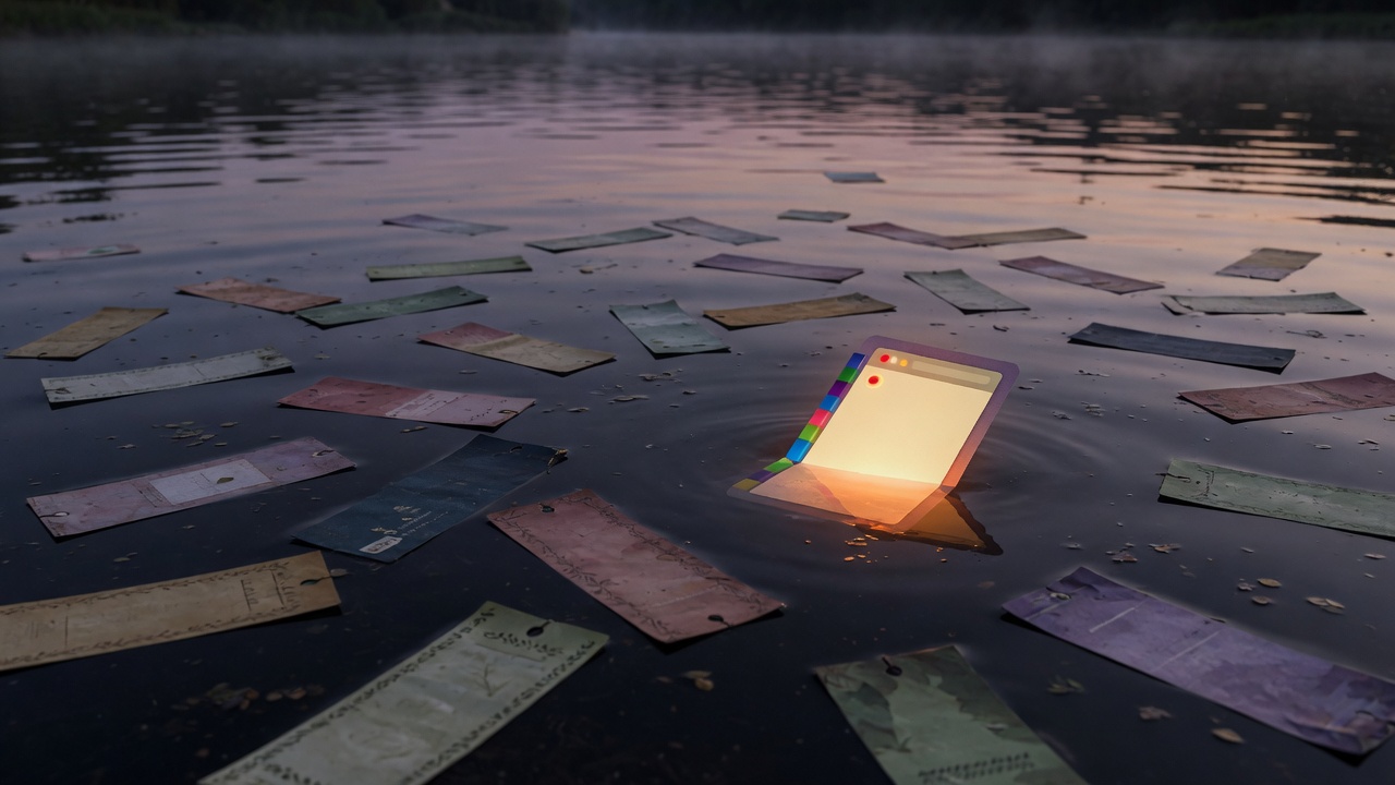A dusk river surface with dozens of paper bookmark slips floating, one glowing like an open browser window with a rainbow tab bar.